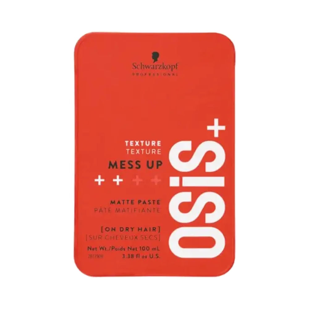 Embalagem da cera capilar Schwarzkopf Osis+ Mess Up 100ml, acabamento vermelho com texto branco